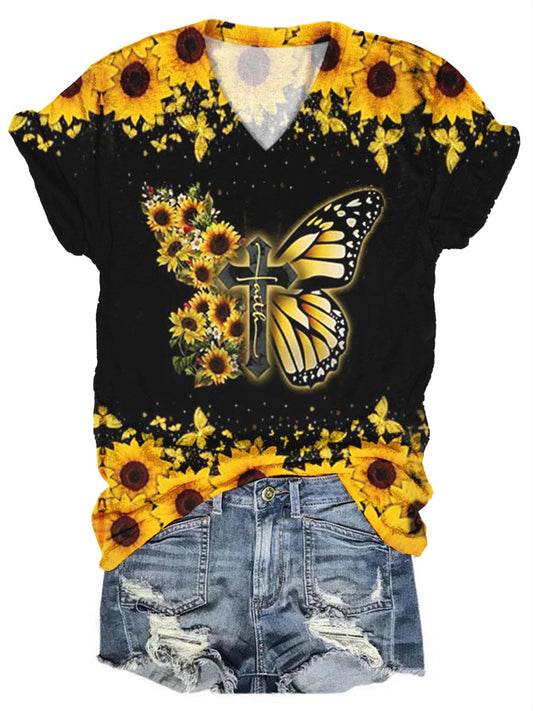 Women's Sunflower Butterfly Faith Print Top