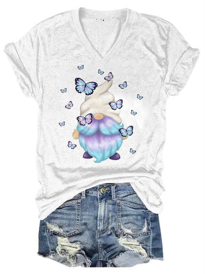 Butterfly Gnome Print V-Neck T-Shirt